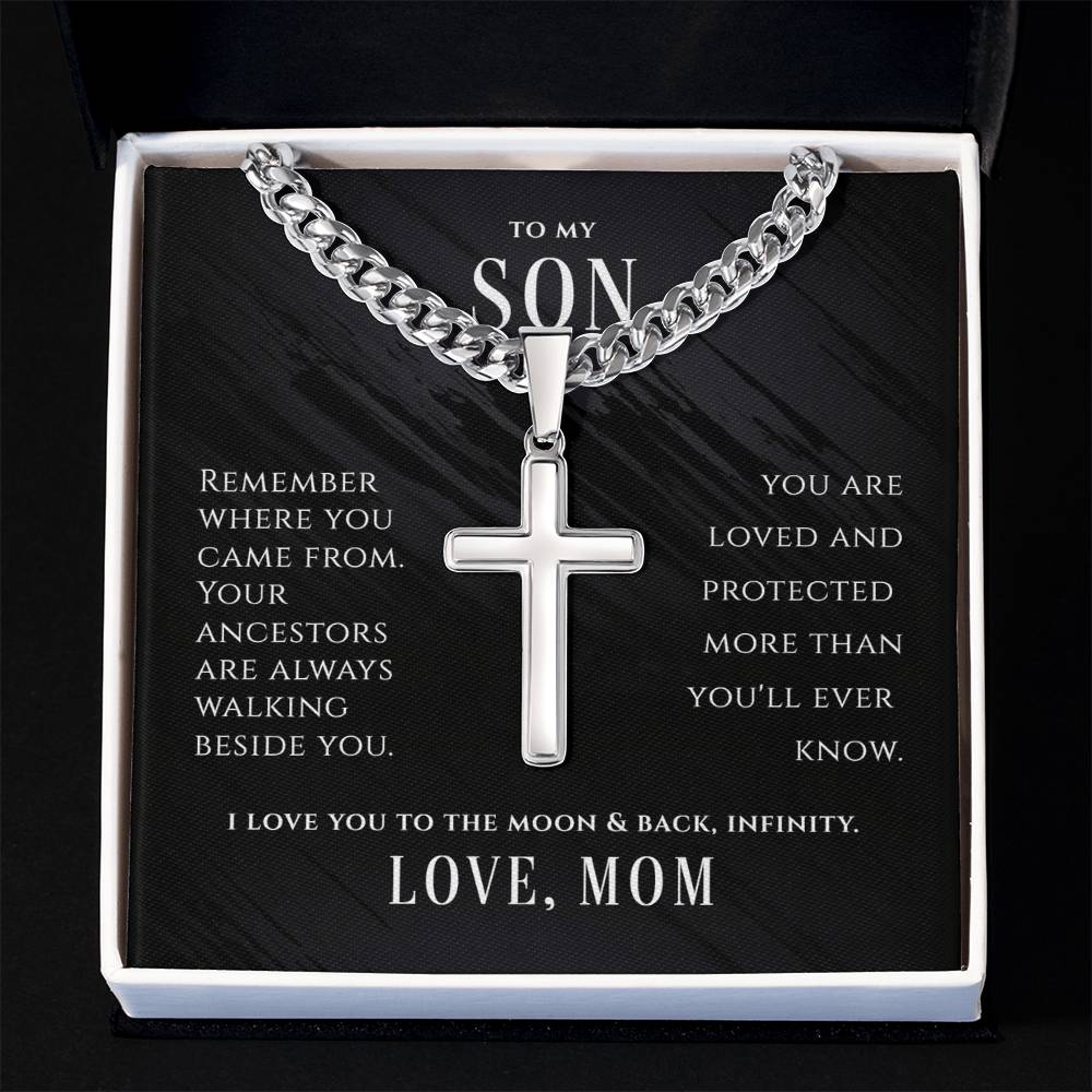 To My Son - Customized Cuban Link Chain w/ Engraved Artisan Cross